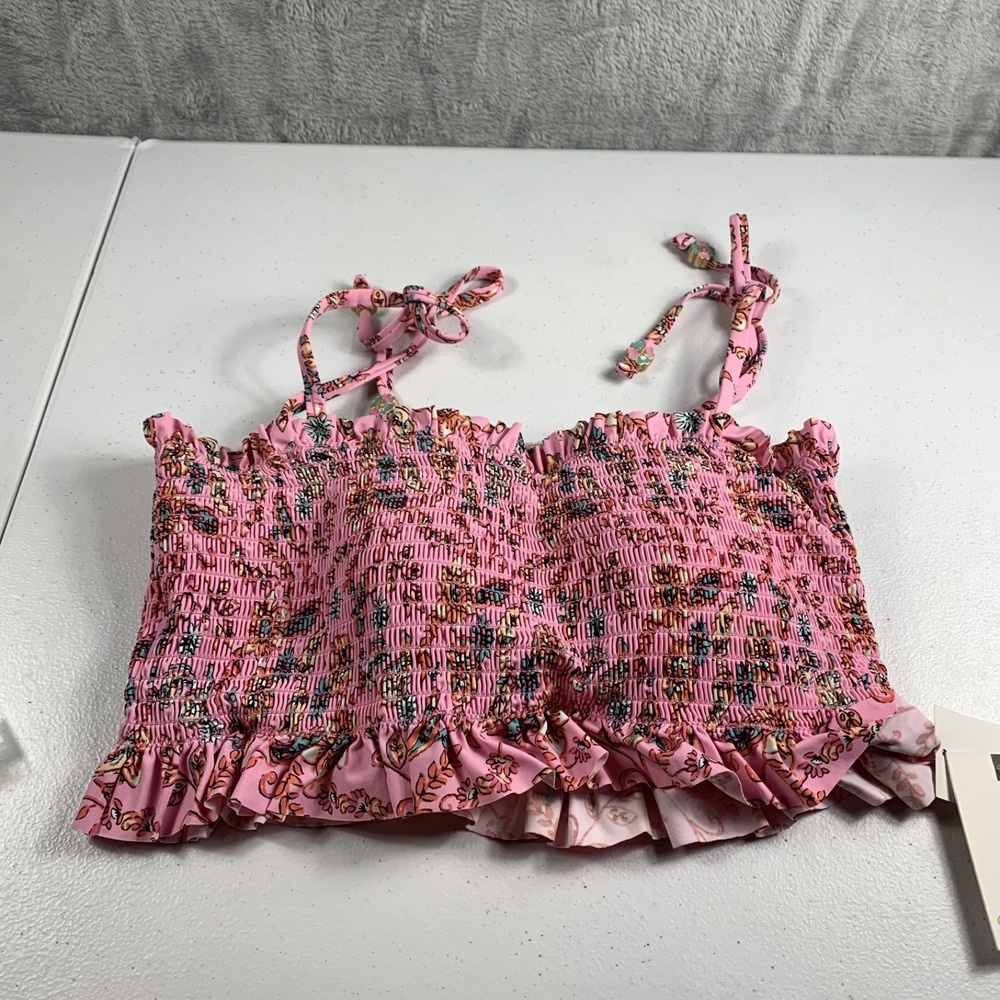 Jessica Simpson Women's Swim Top Small Pink Floral Smocked Ruffled Tankini NWT
